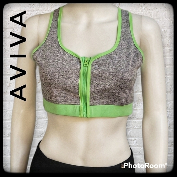 AVIVA SPORTS Lime Green Heather Gray Zipper Sports Bra - Picture 1 of 7
